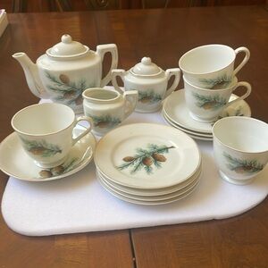 1950’s Grantcrest pine cone 15 pc Doll house Child play Mini tea set Japan Rare